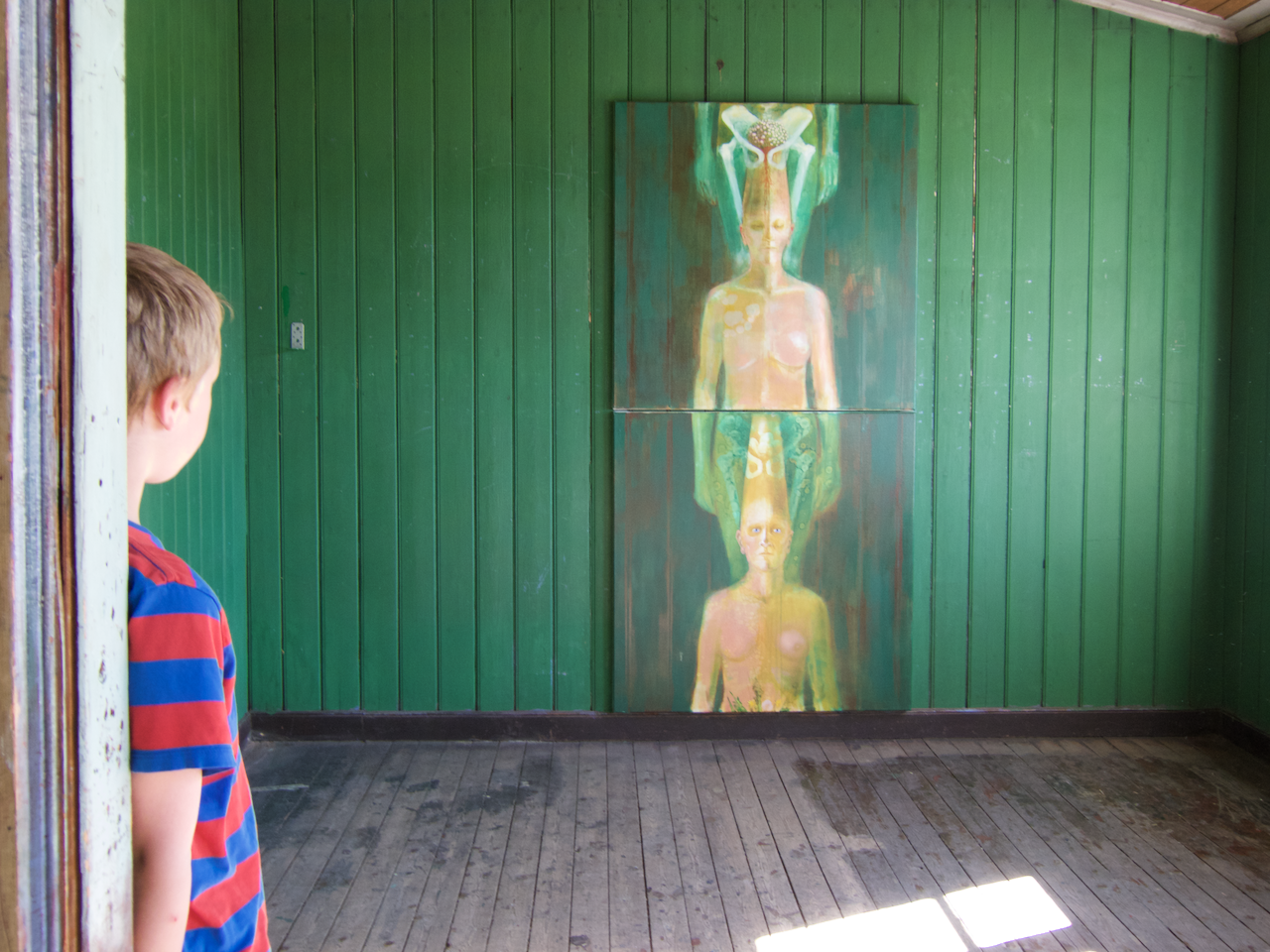 Ungur gestur virðir fyrir sér verk á sýningunni Dalablóð.